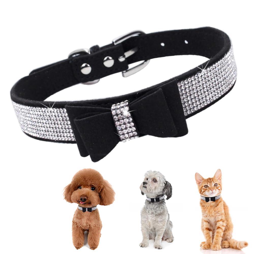 Collare Nero con Strass e Fiocco — Black Rhinestone Dog Collar with Bowtie