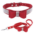 Collare con Strass Rossi Fiocco e Guinzaglio — Red Rhinestone Dog Collar Set
